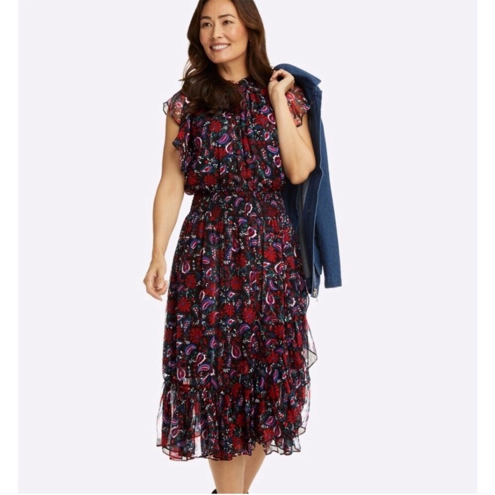 Draper James Kacey Dress Smocked Waist Faux Wrap Ruffle Floral Midi small - Picture 2 of 8